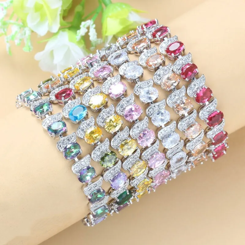 12-Color Mystic Rainbow Stone CZ Jewelry Women Costume 925 Mark Chain Bracelet Bangle Adjustable Length 18 3CM