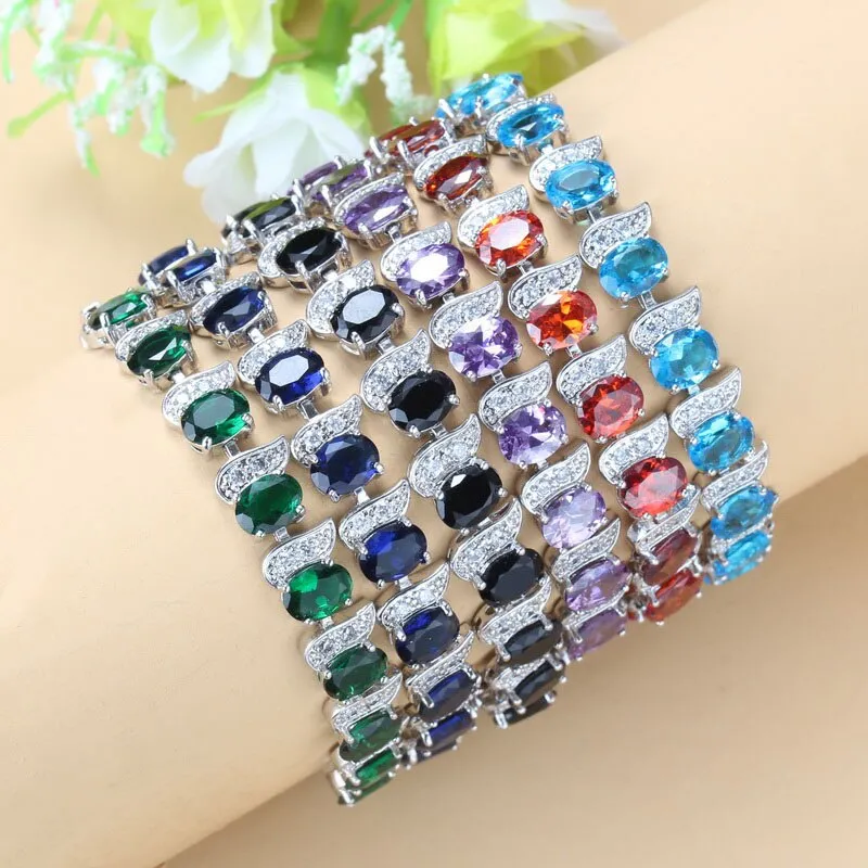 12-Color Mystic Rainbow Stone CZ Jewelry Women Costume 925 Mark Chain Bracelet Bangle Adjustable Length 18 3CM