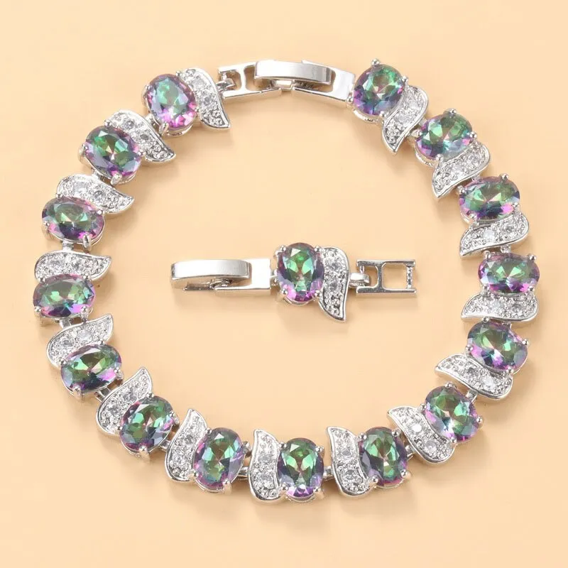 12-Color Mystic Rainbow Stone CZ Jewelry Women Costume 925 Mark Chain Bracelet Bangle Adjustable Length 18 3CM