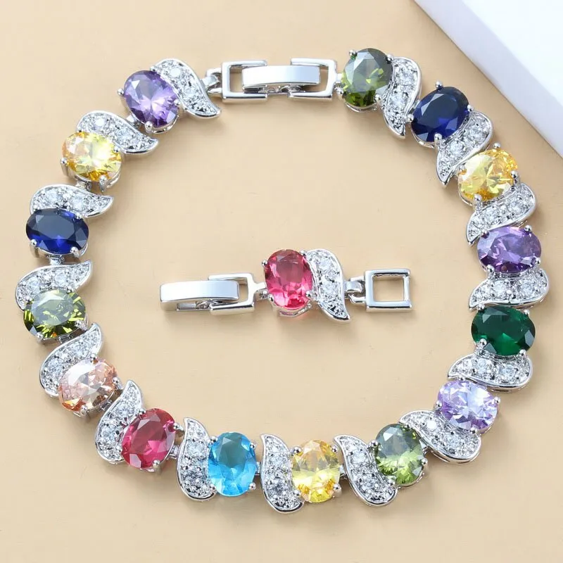 12-Color Mystic Rainbow Stone CZ Jewelry Women Costume 925 Mark Chain Bracelet Bangle Adjustable Length 18 3CM