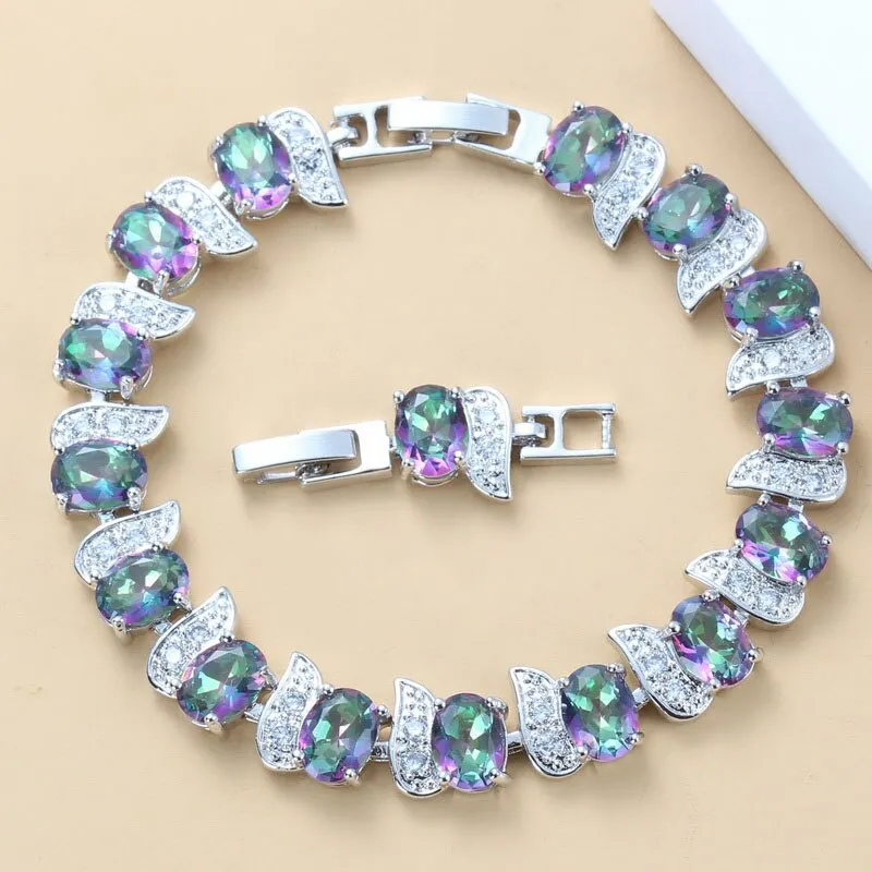 12-Color Mystic Rainbow Stone CZ Jewelry Women Costume 925 Mark Chain Bracelet Bangle Adjustable Length 18 3CM