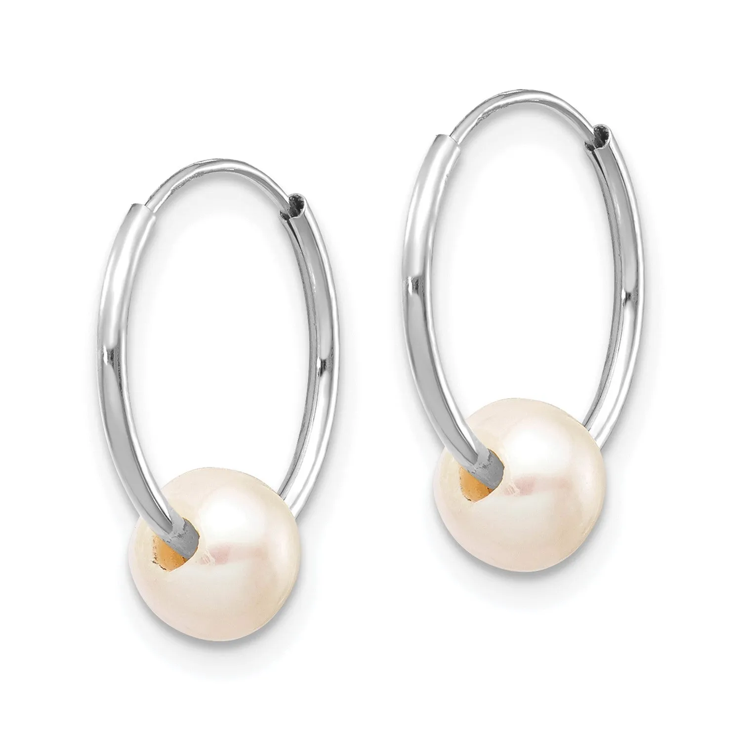 14k Real White Gold 5-6mm White Freshwater Cultured Pearl Endless Hoop Earrings, 12mm