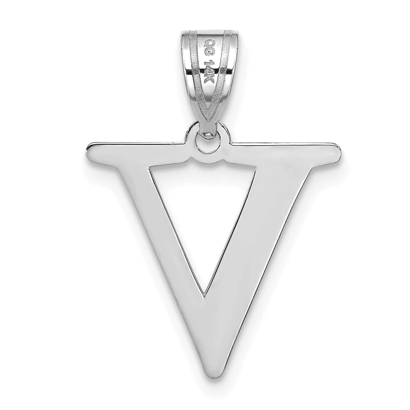 14k White Gold Etched Finish Block Letter V Initial Design Pendant