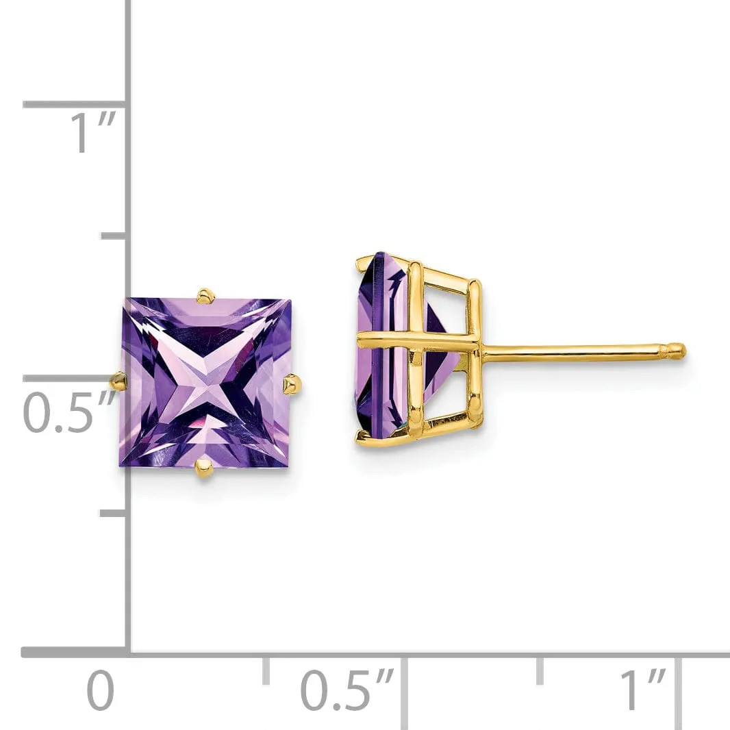 14k Yellow Gold 8MM Princess Cut Amethyst Earring