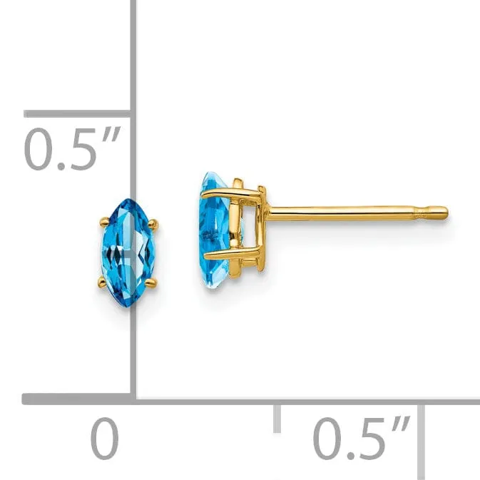 14k Yellow Gold Blue Topaz Diamond Marquise Stud E