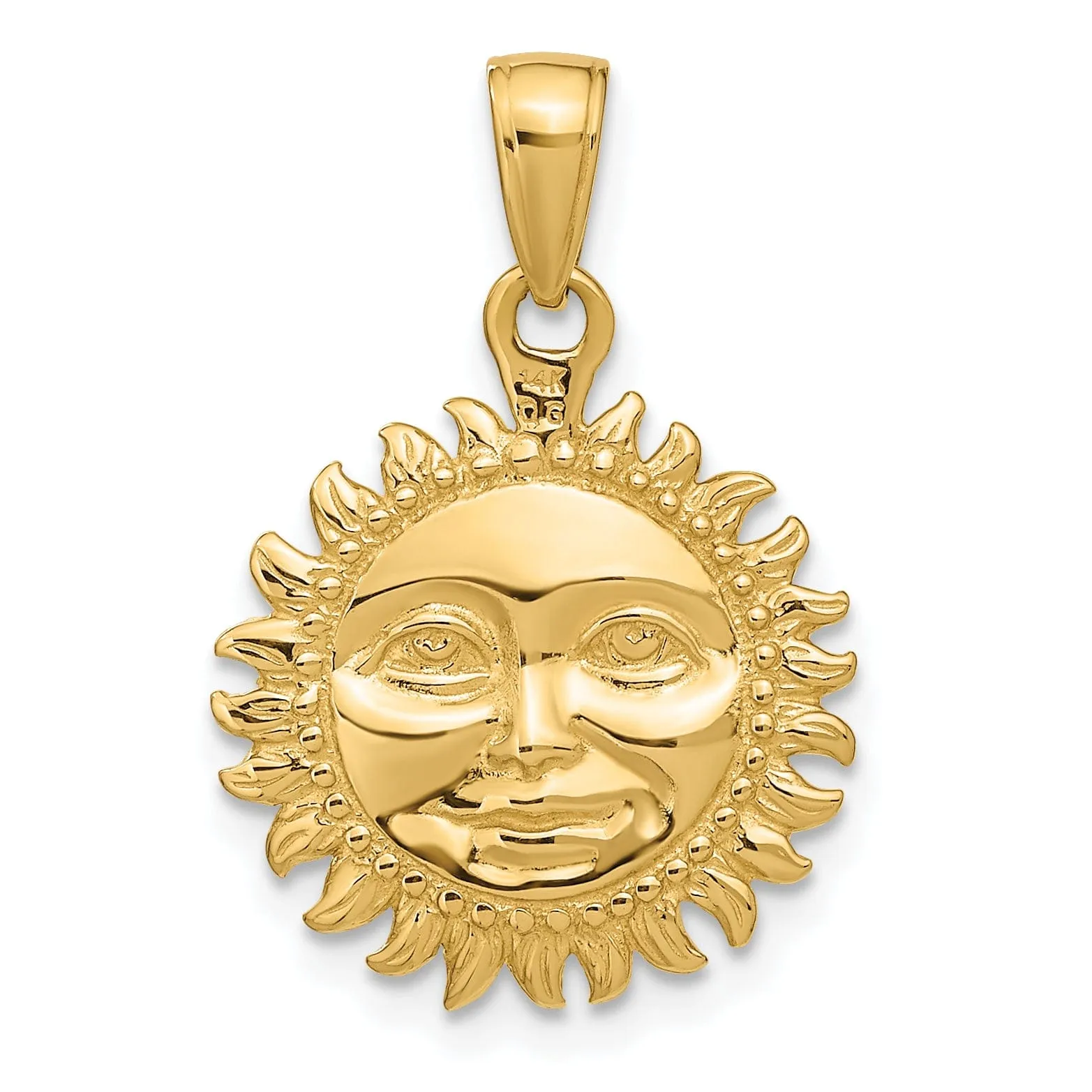 14k Yellow Gold Solid Polished Finish Reversible 3-Diamentional Sun with Face Design Charm Pendant