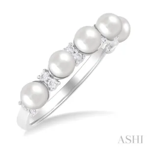 1/6 ctw White 4X4 MM Cultured Pearl and Round Cut Diamond Semi Precious Fashion Ring in 10K White Gold