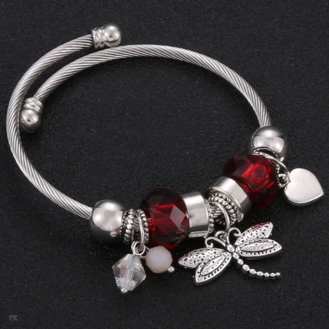 2020 New High Quality 6 Colors Lobster Buckle Snake Chain Bangles Beaded Bracelet Fit Jewelry Butterfly Flower Crown shape