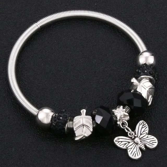 2020 New High Quality 6 Colors Lobster Buckle Snake Chain Bangles Beaded Bracelet Fit Jewelry Butterfly Flower Crown shape