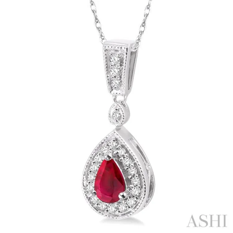 6x4 MM Pear Shape Ruby and 1/6 Ctw Round Cut Diamond Pendant in 14K White Gold with Chain