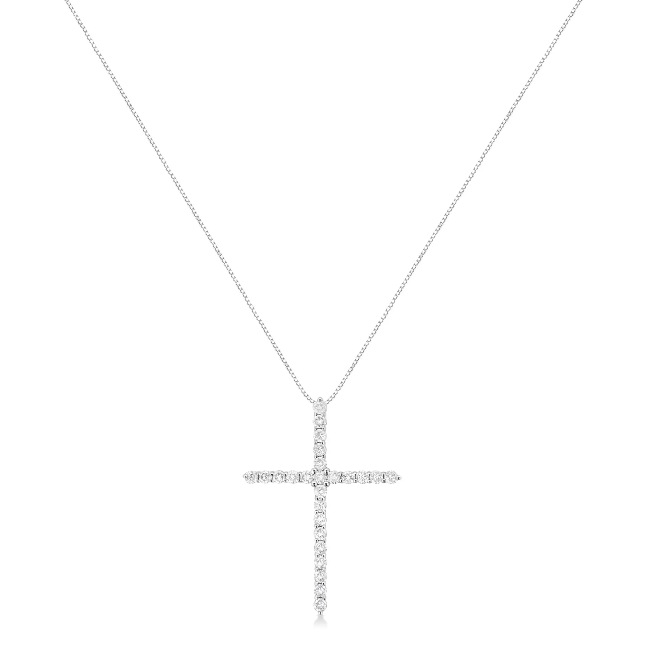 .925 Sterling Silver 2 cttw Prong Set Round-Cut Diamond Cross 18" Pendant Necklace (I-J Color, I2-I3 Clarity)