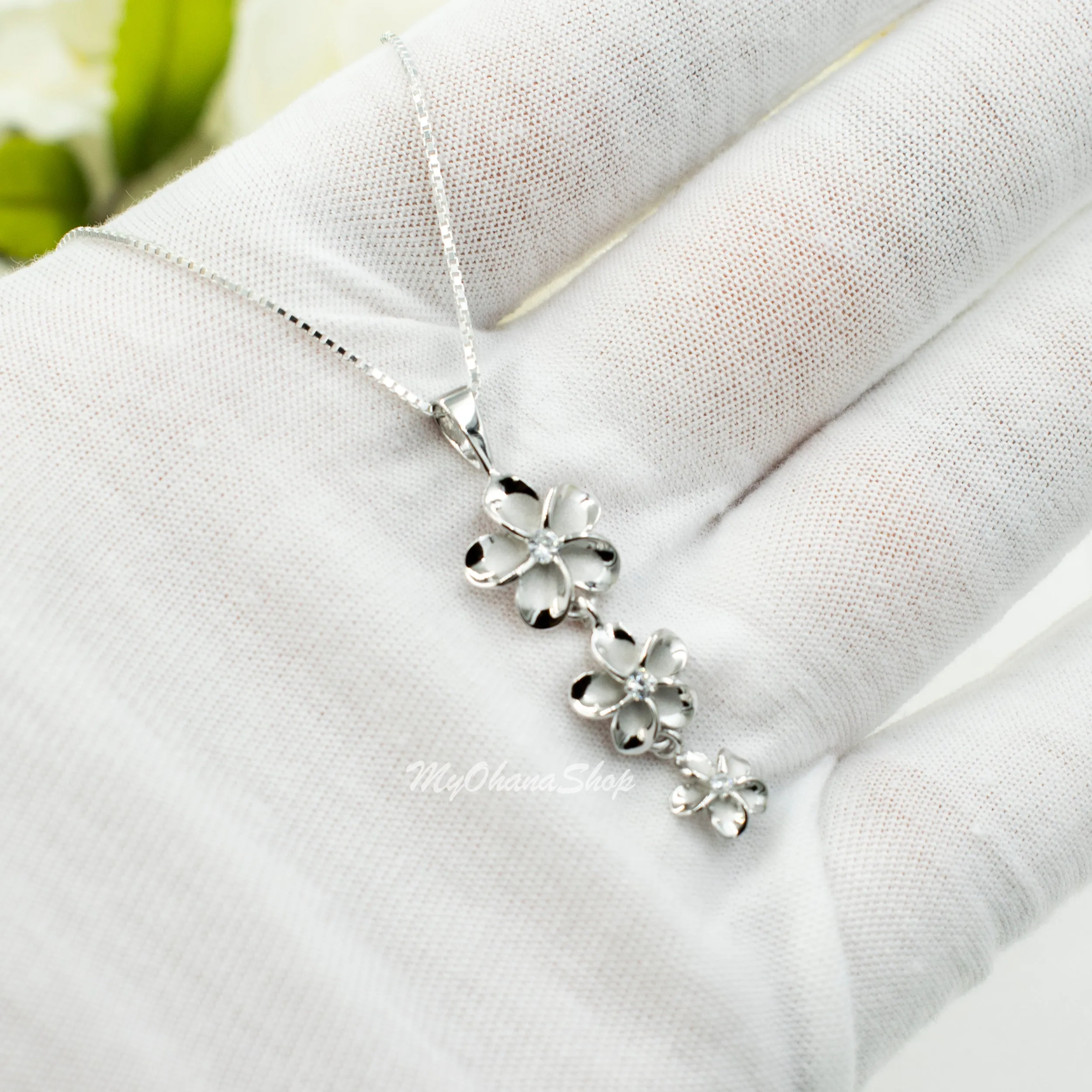 925 Sterling Silver Plumeria Necklace For Women.  Vertical, Gradual Size 8, 10, 12mm Flowers, Tropical Island Hawaiian Style Necklace.