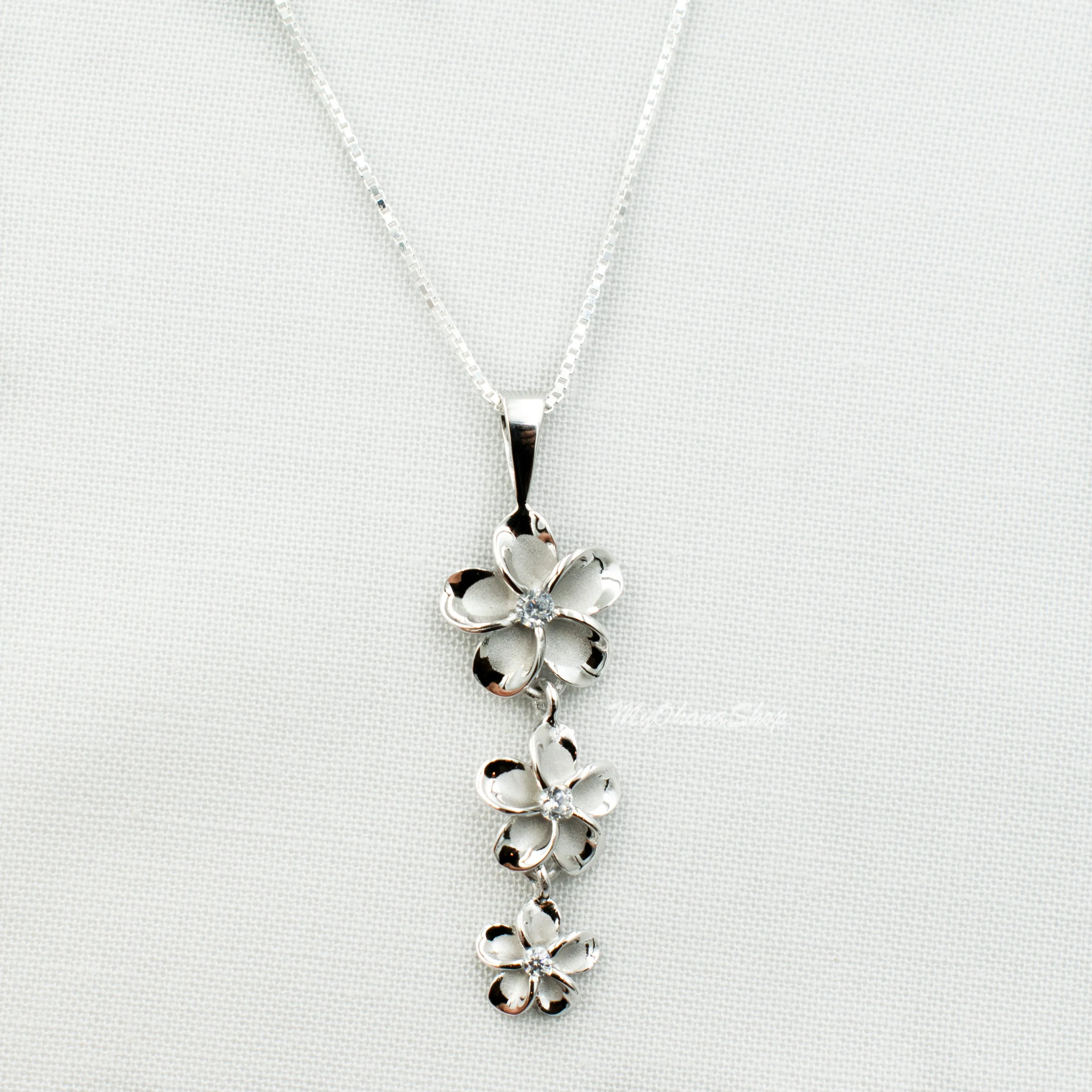 925 Sterling Silver Plumeria Necklace For Women.  Vertical, Gradual Size 8, 10, 12mm Flowers, Tropical Island Hawaiian Style Necklace.