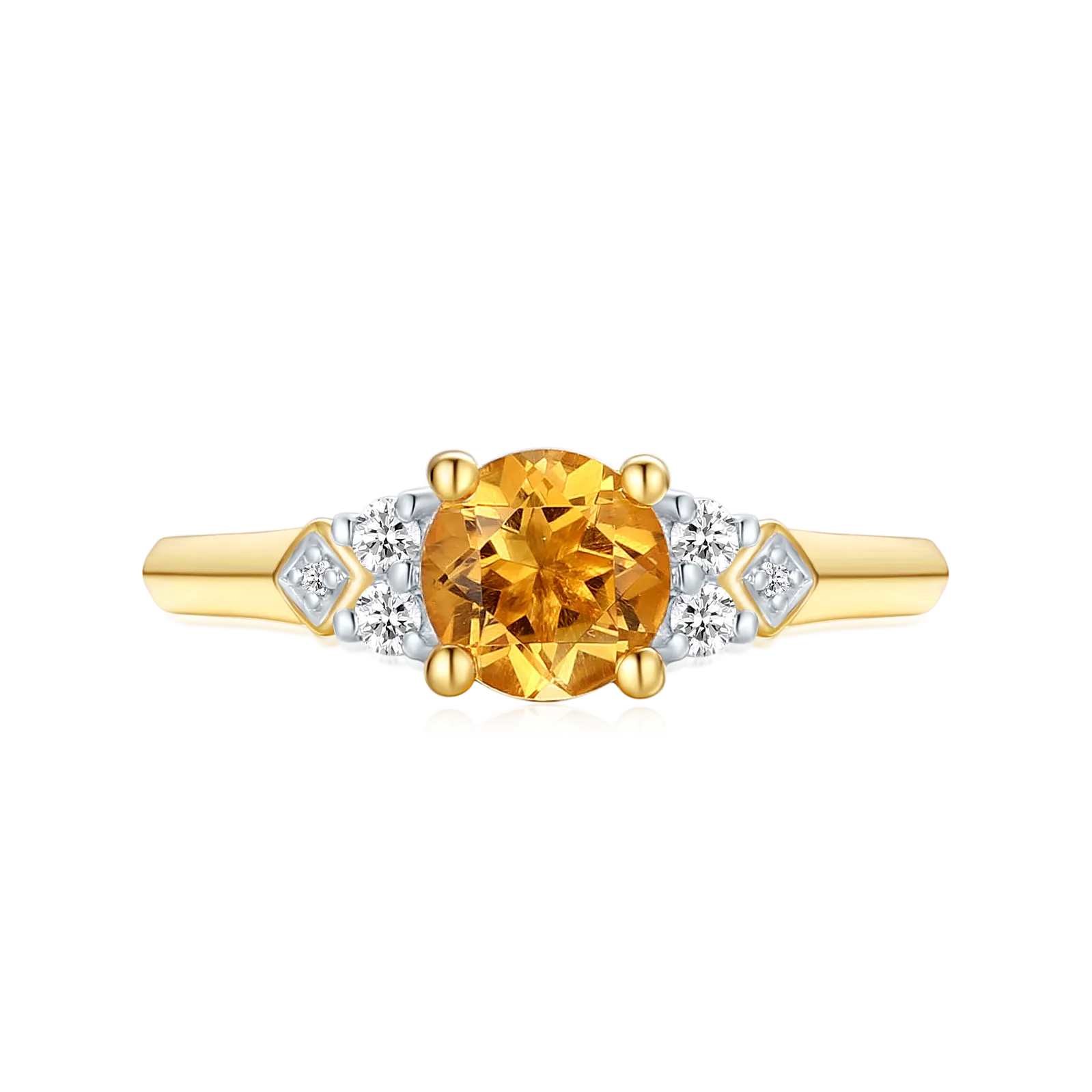 9ct Yellow Gold Round Brilliant Cut 6mm Citrine 0.10 Carat tw Rhodium Plated Ring