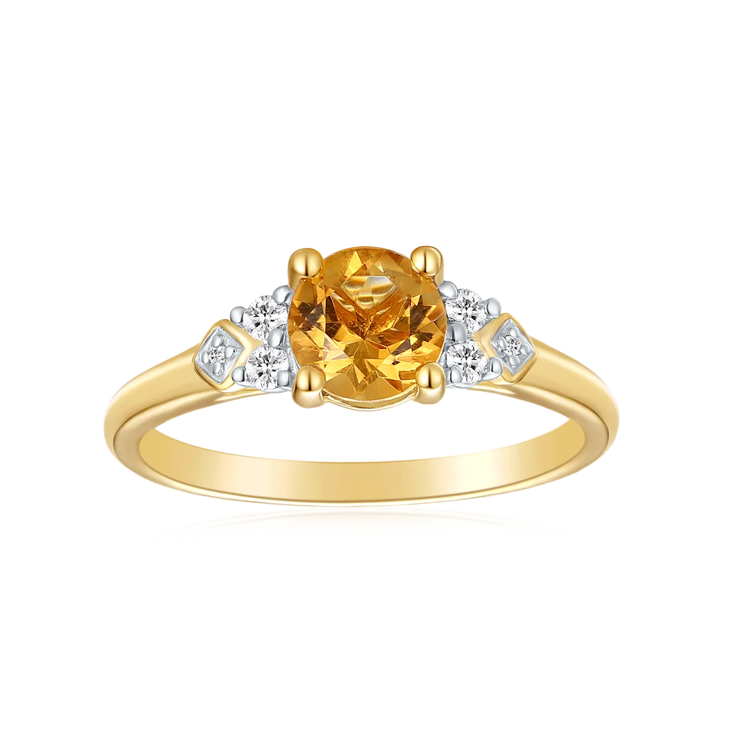 9ct Yellow Gold Round Brilliant Cut 6mm Citrine 0.10 Carat tw Rhodium Plated Ring