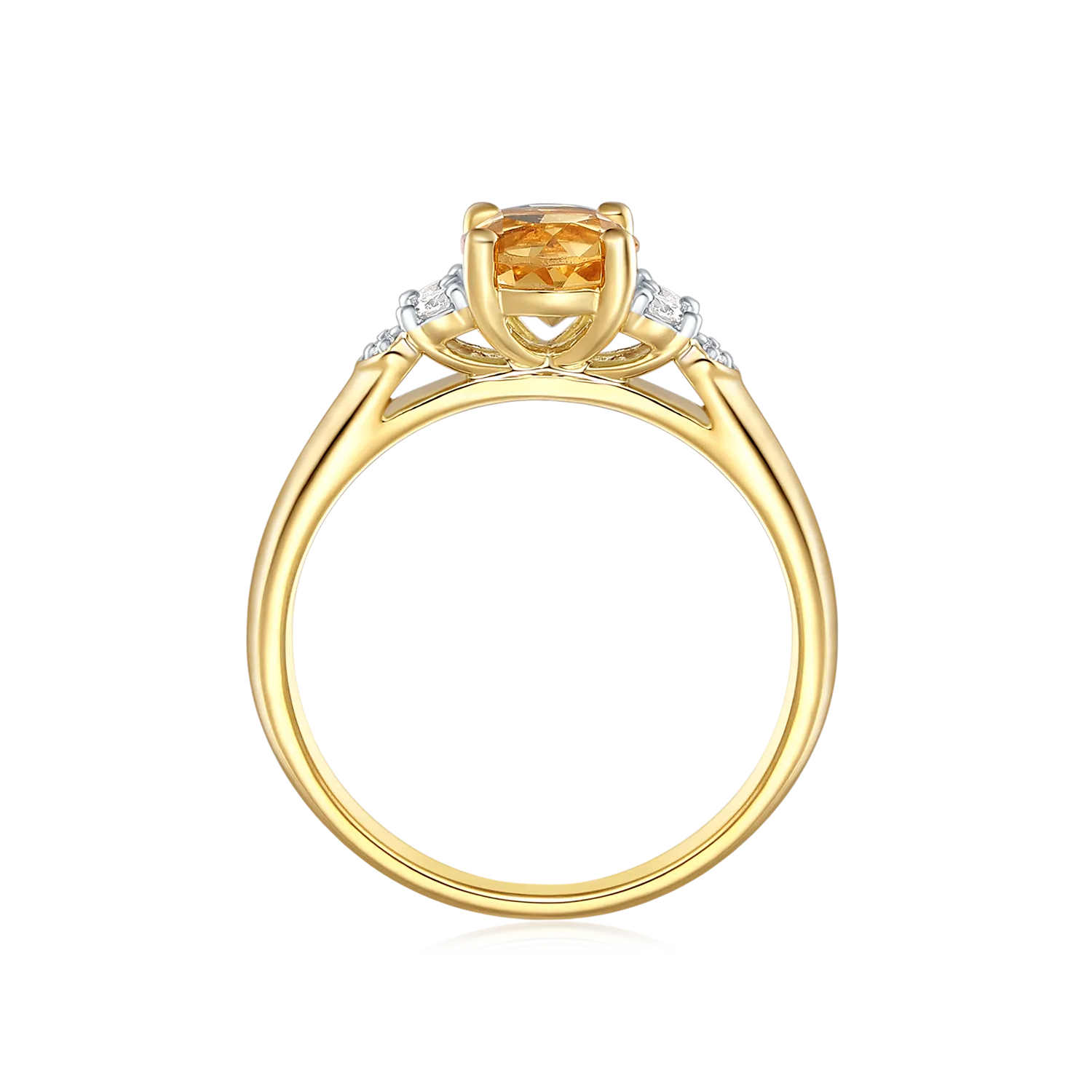 9ct Yellow Gold Round Brilliant Cut 6mm Citrine 0.10 Carat tw Rhodium Plated Ring