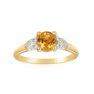 9ct Yellow Gold Round Brilliant Cut 6mm Citrine 0.10 Carat tw Rhodium Plated Ring