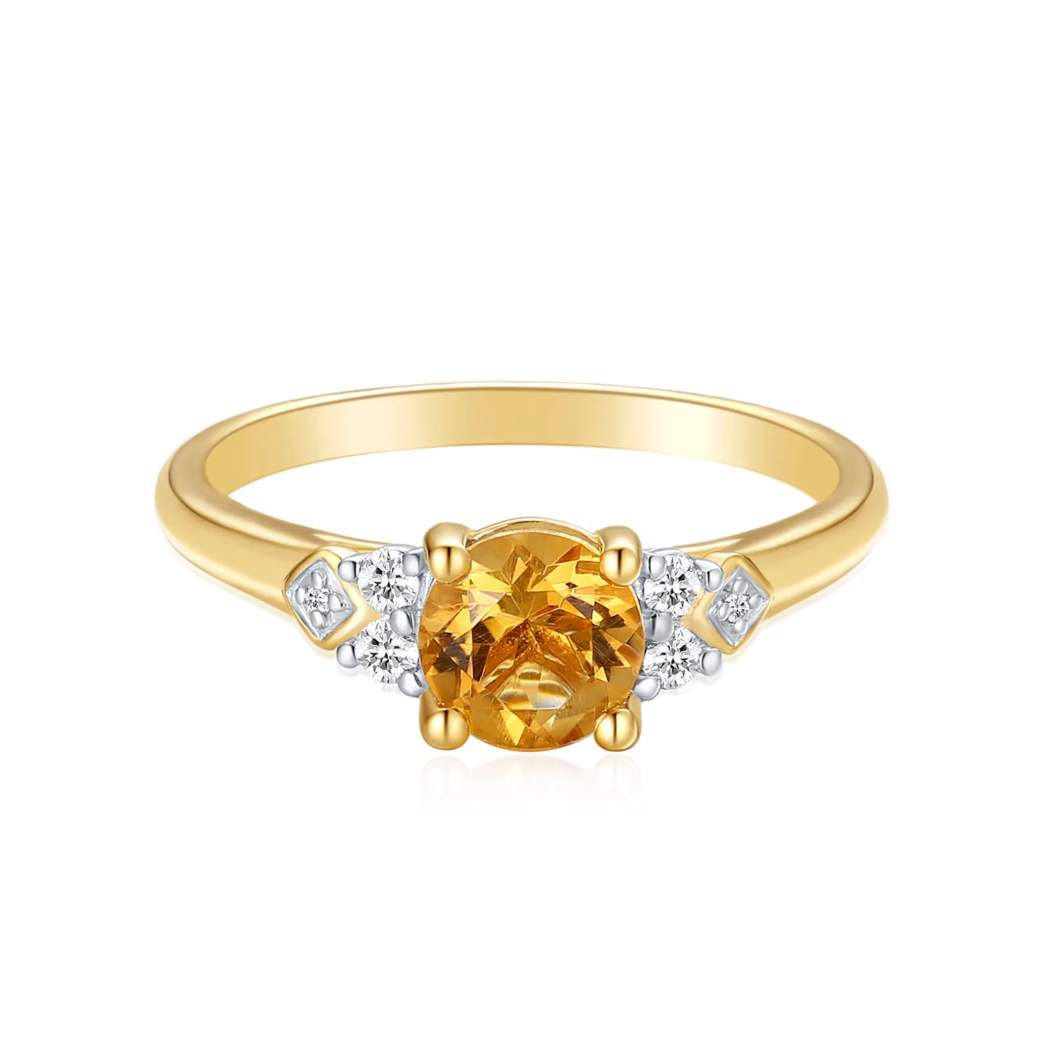 9ct Yellow Gold Round Brilliant Cut 6mm Citrine 0.10 Carat tw Rhodium Plated Ring