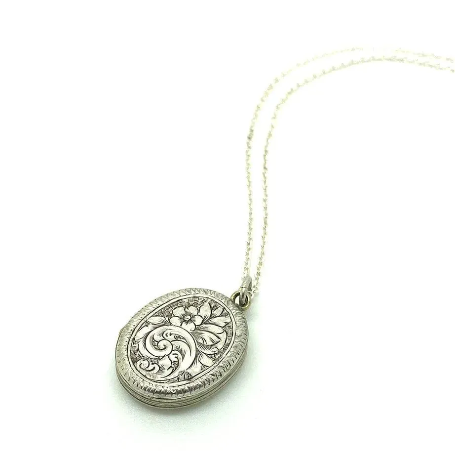 Antique Edwardian Engraved Silver Locket Necklace