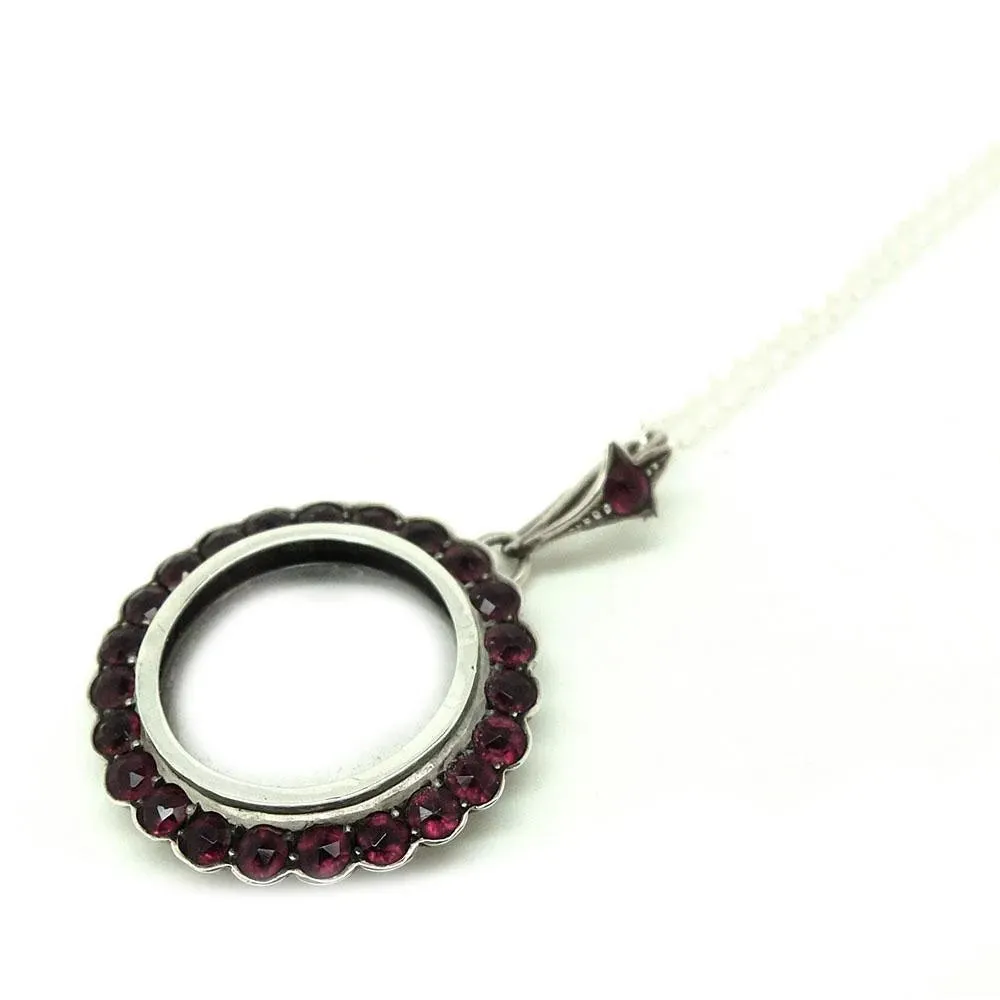 Antique Edwardian Garnet Silver Glass Locket Necklace