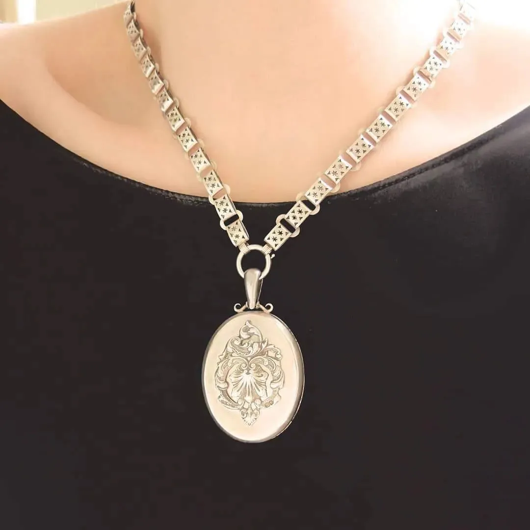 Antique Victorian 1859 Large Ornate Silver Locket Necklace