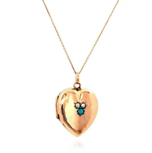 Antique Victorian Turquoise & Pearl 9ct Rose Gold Locket Necklace