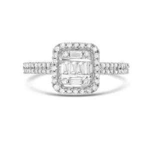 Baguette & Round Diamond Halo Illusion Solitaire Engagement Ring (0.50 ct.) in 14K Gold