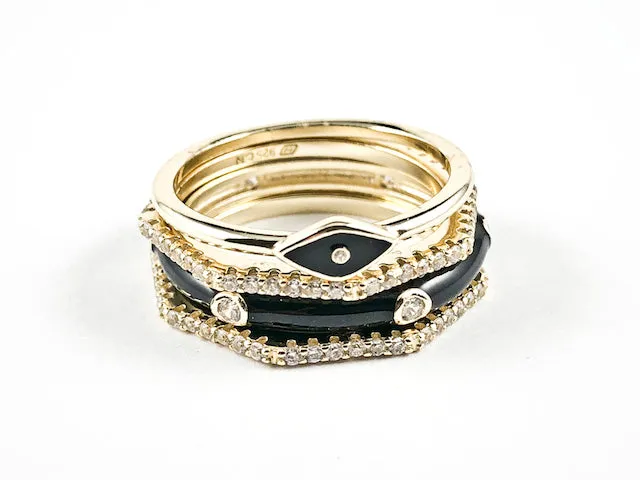 Beautiful 4 Piece Set Mix Design Black Enamel & Gold Tone Eternity CZ Silver Band Rings