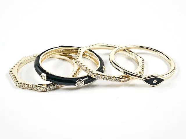 Beautiful 4 Piece Set Mix Design Black Enamel & Gold Tone Eternity CZ Silver Band Rings