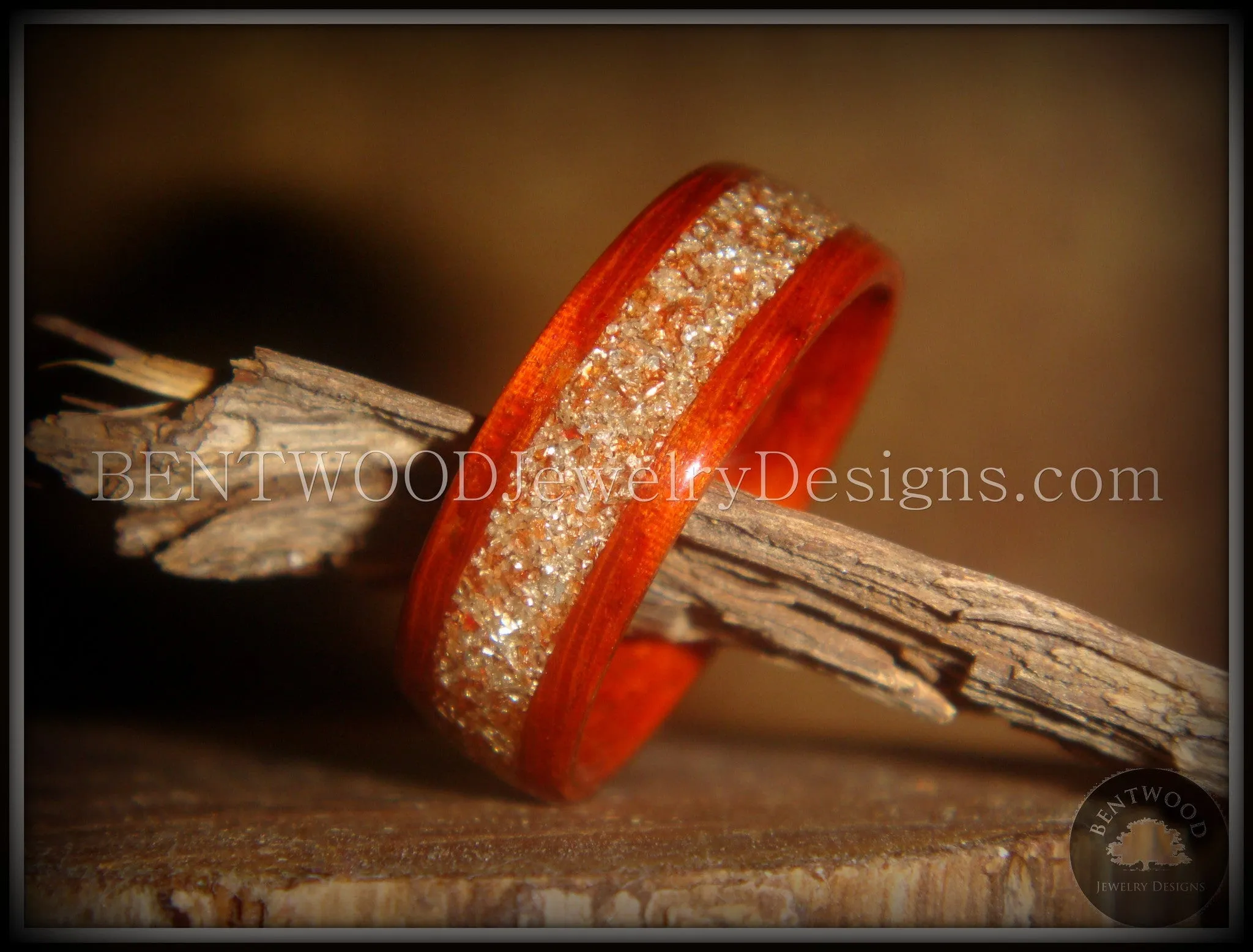 Bentwood Ring - African Padauk Wood Ring with German Silver and Copper Glass Inlay