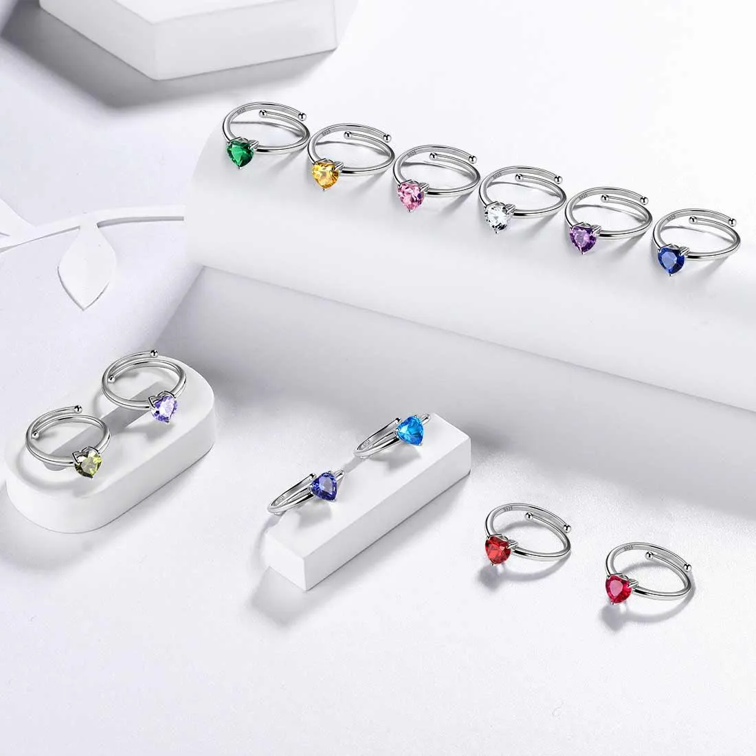 Birthstone Hearts Rings Women Girls Jewelry Birthday Gift Sterling Silver