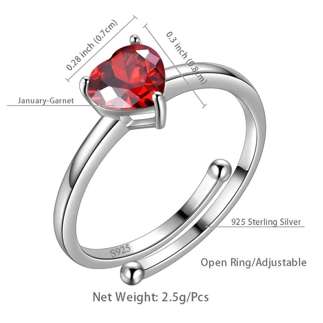 Birthstone Hearts Rings Women Girls Jewelry Birthday Gift Sterling Silver