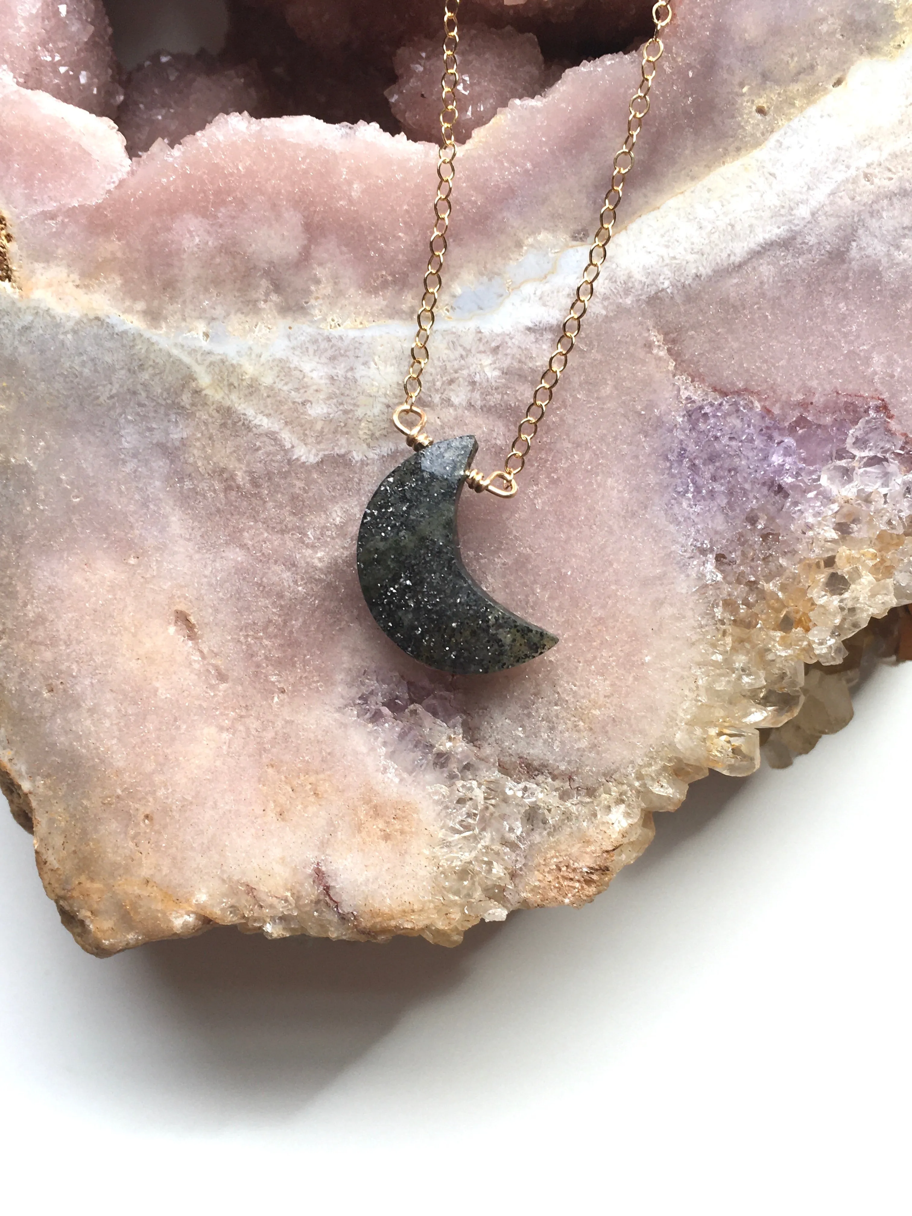 Black Sunstone Moon Pendant Crystal Necklace Sterling Silver or 14kt Gold Filled