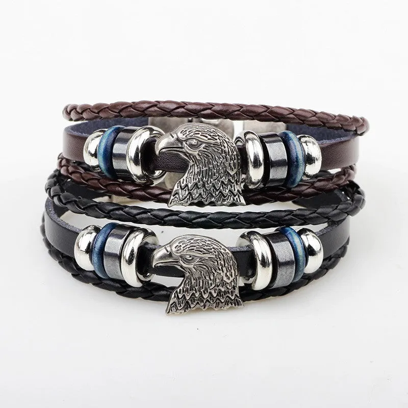 Bracelet femme Vintage Punk Style Male men Rock Eagle Head Multilayer Black Leather Bracelet Cuff Braided Bangle Gift