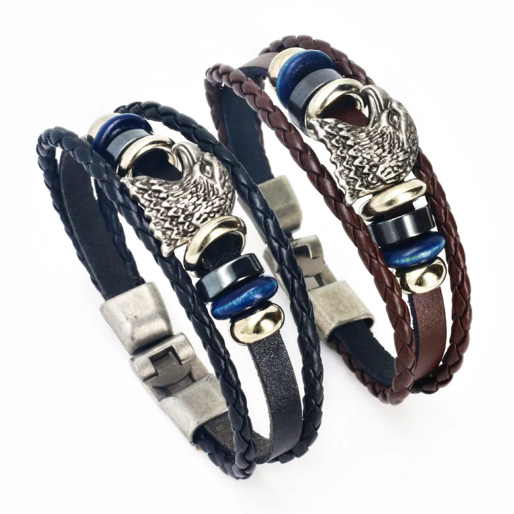 Bracelet femme Vintage Punk Style Male men Rock Eagle Head Multilayer Black Leather Bracelet Cuff Braided Bangle Gift