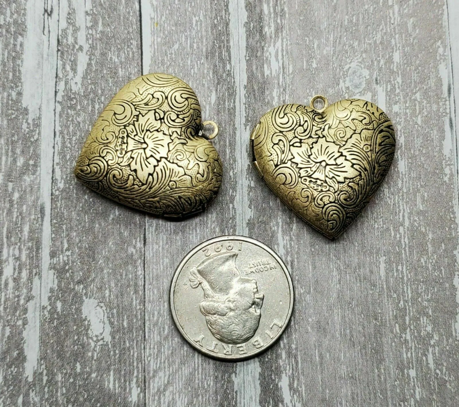 Brass Ornate Etched Heart Lockets x 2 - 086G.