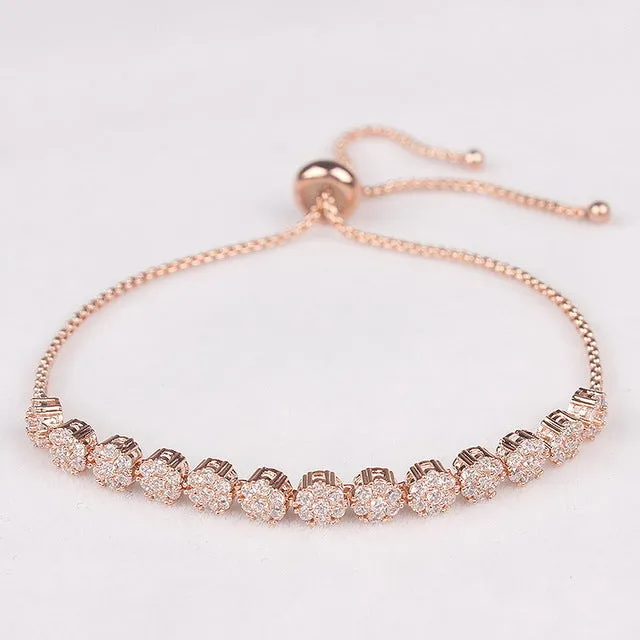 Cake Shape Cubic Zirconia Crystal Adjustable CZ Zircon Bracelets for Women in Rose Gold Color or Silver Colors Plated