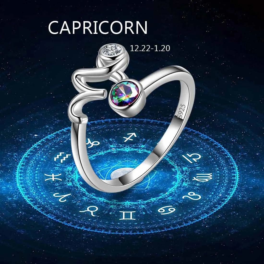 Capricorn Zodiac Rings Women Girls Jewelry Birthday Gift Mystic Topaz 925 Silver