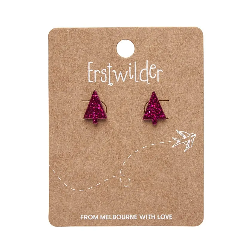 Christmas Tree Fine Glitter Stud Earrings - Pink