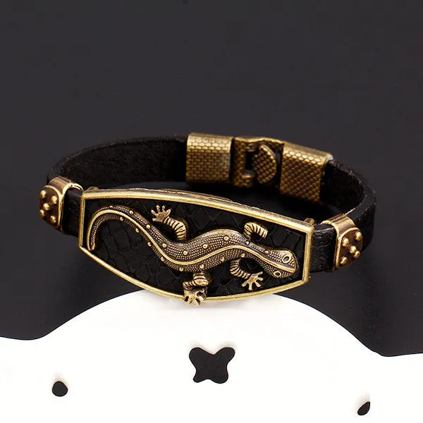 Classic Animal Lizard Leather Charm Bracelet & Bangles Alloy Easy Hook Men Bracelets Fashion Jewelry Black Colors