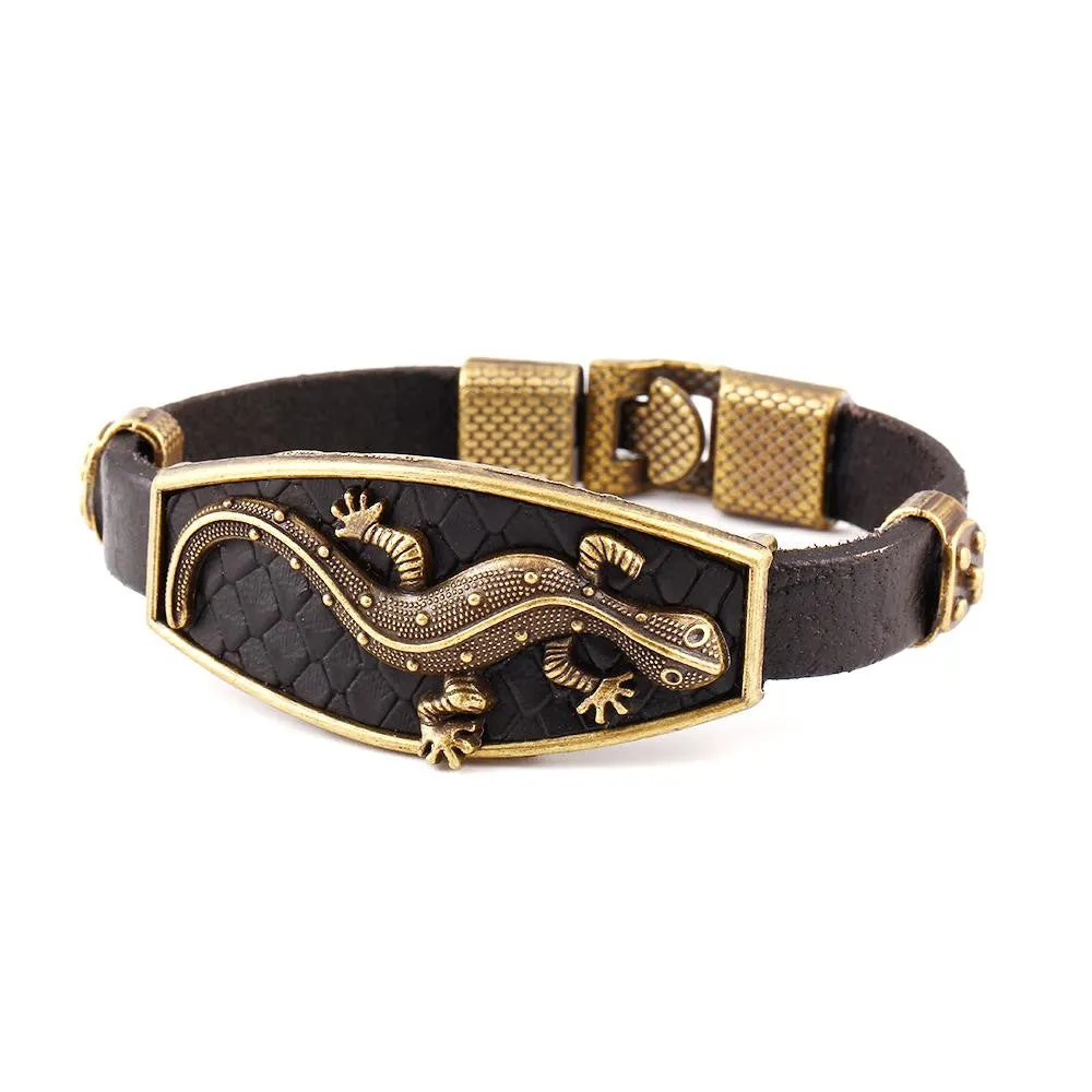 Classic Animal Lizard Leather Charm Bracelet & Bangles Alloy Easy Hook Men Bracelets Fashion Jewelry Black Colors