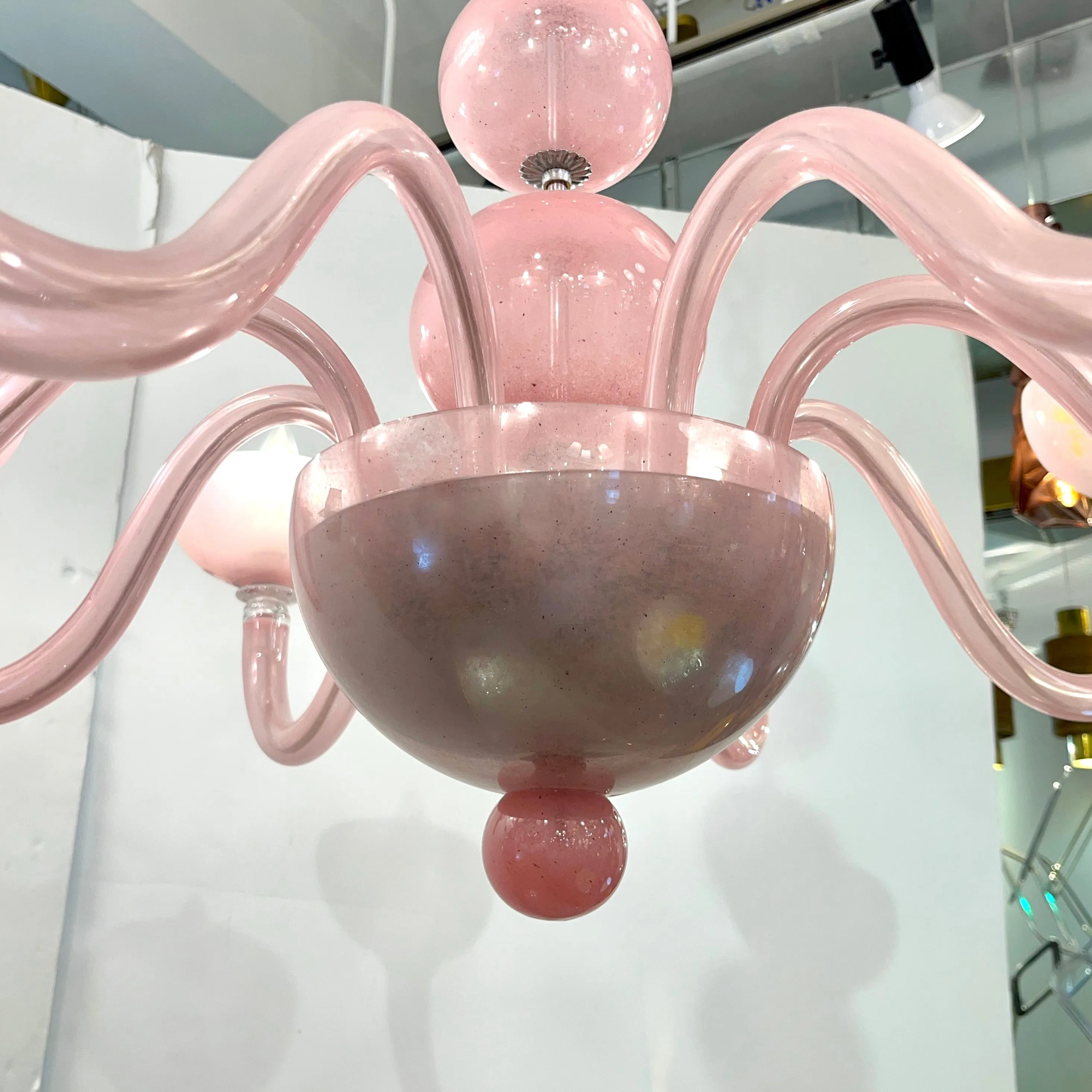 Contemporary Minimalist Italian 8-Arm Pink Murano Glass Modern Nickel Chandelier