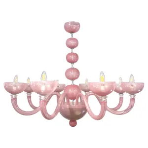 Contemporary Minimalist Italian 8-Arm Pink Murano Glass Modern Nickel Chandelier