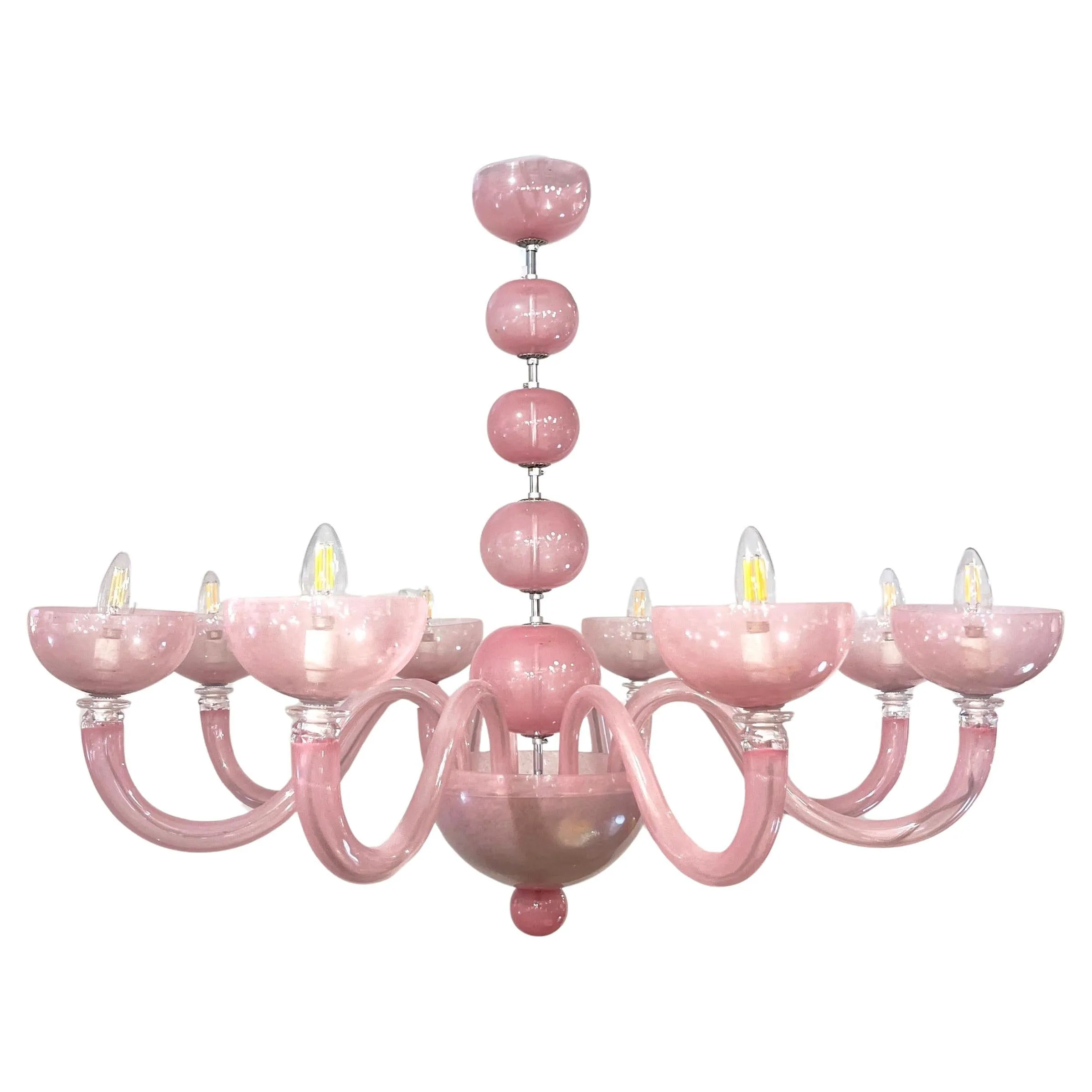 Contemporary Minimalist Italian 8-Arm Pink Murano Glass Modern Nickel Chandelier