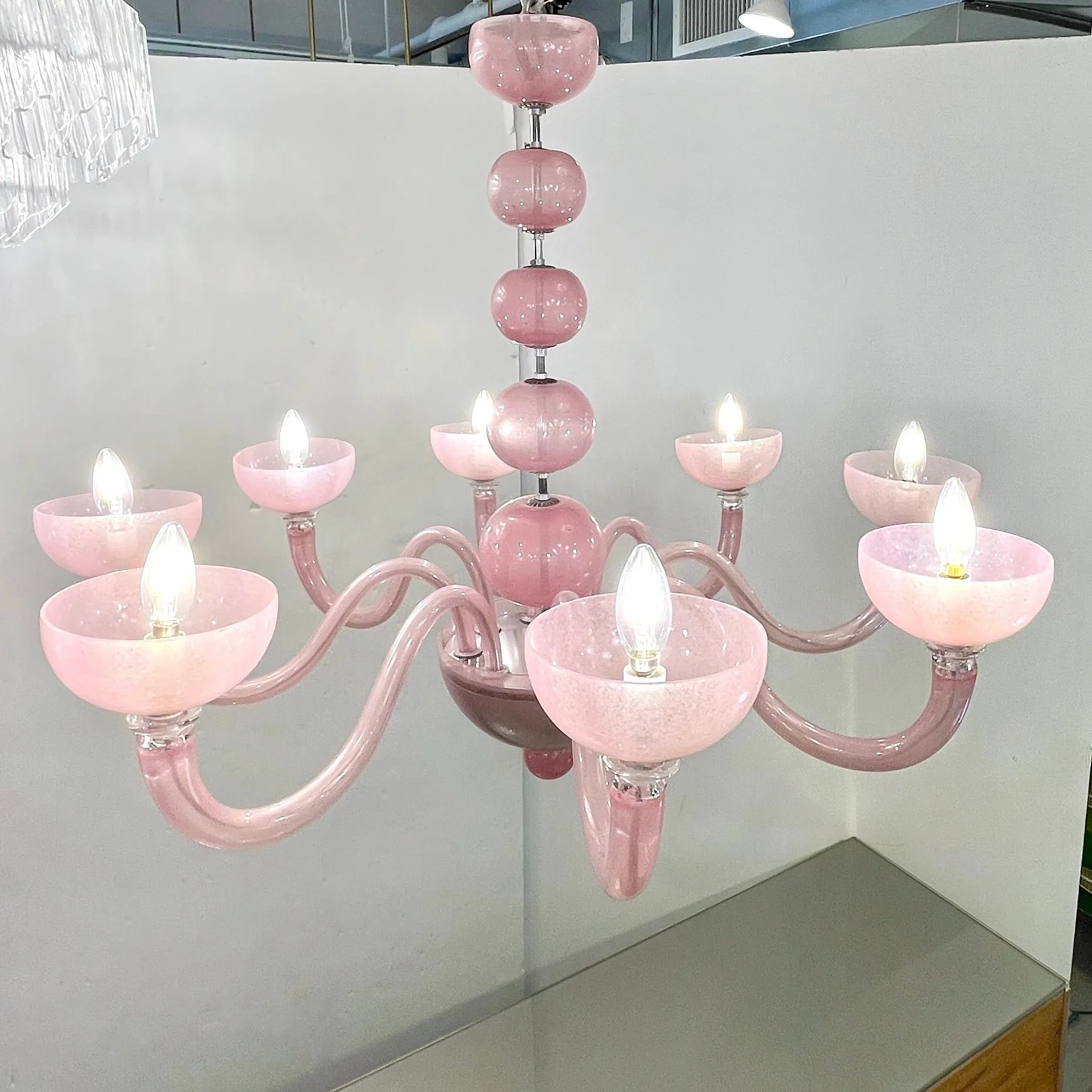 Contemporary Minimalist Italian 8-Arm Pink Murano Glass Modern Nickel Chandelier