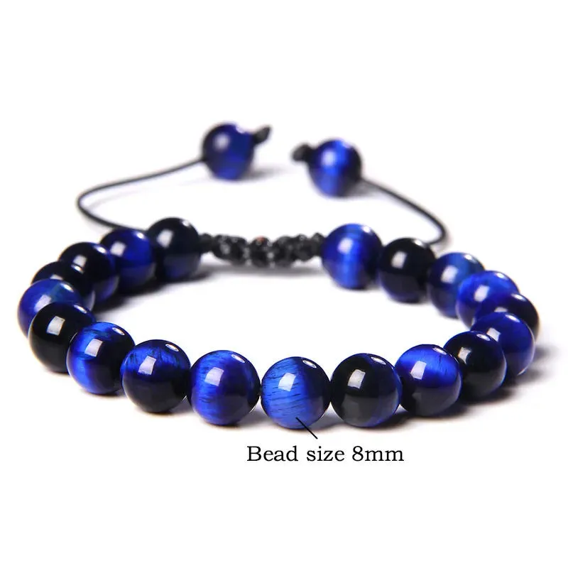 Cool Royal Blue Tiger Eye Bracelets Natural Stone Tiger Eye Beaded Bracelets Pulsera Hombre Men Adjustable Woven Rope Bracelets