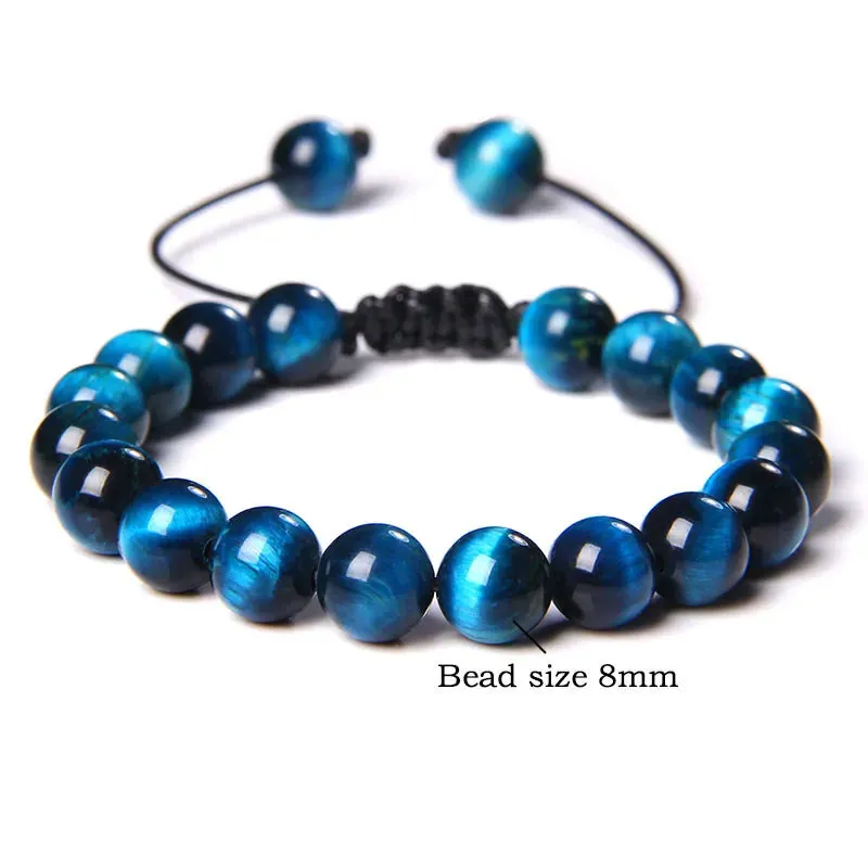 Cool Royal Blue Tiger Eye Bracelets Natural Stone Tiger Eye Beaded Bracelets Pulsera Hombre Men Adjustable Woven Rope Bracelets