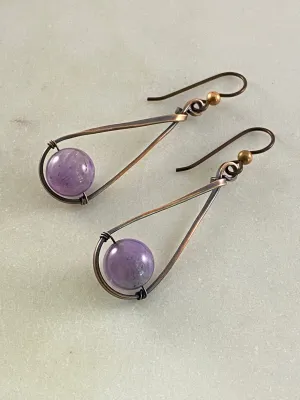 Copper teardrop hoops with amethyst