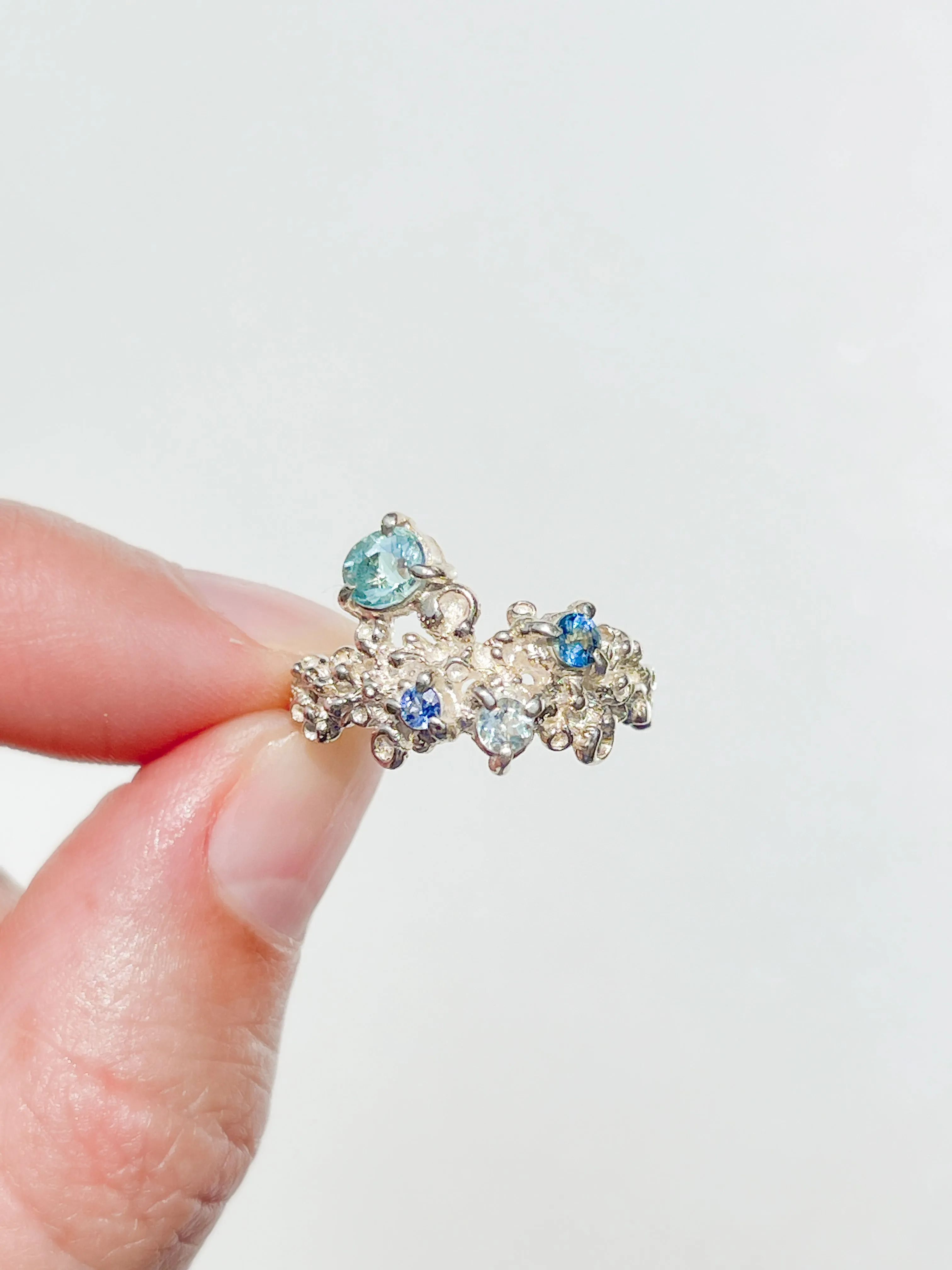 Coral Ring Silver with Blue Sapphires & Aquamarine - size 7