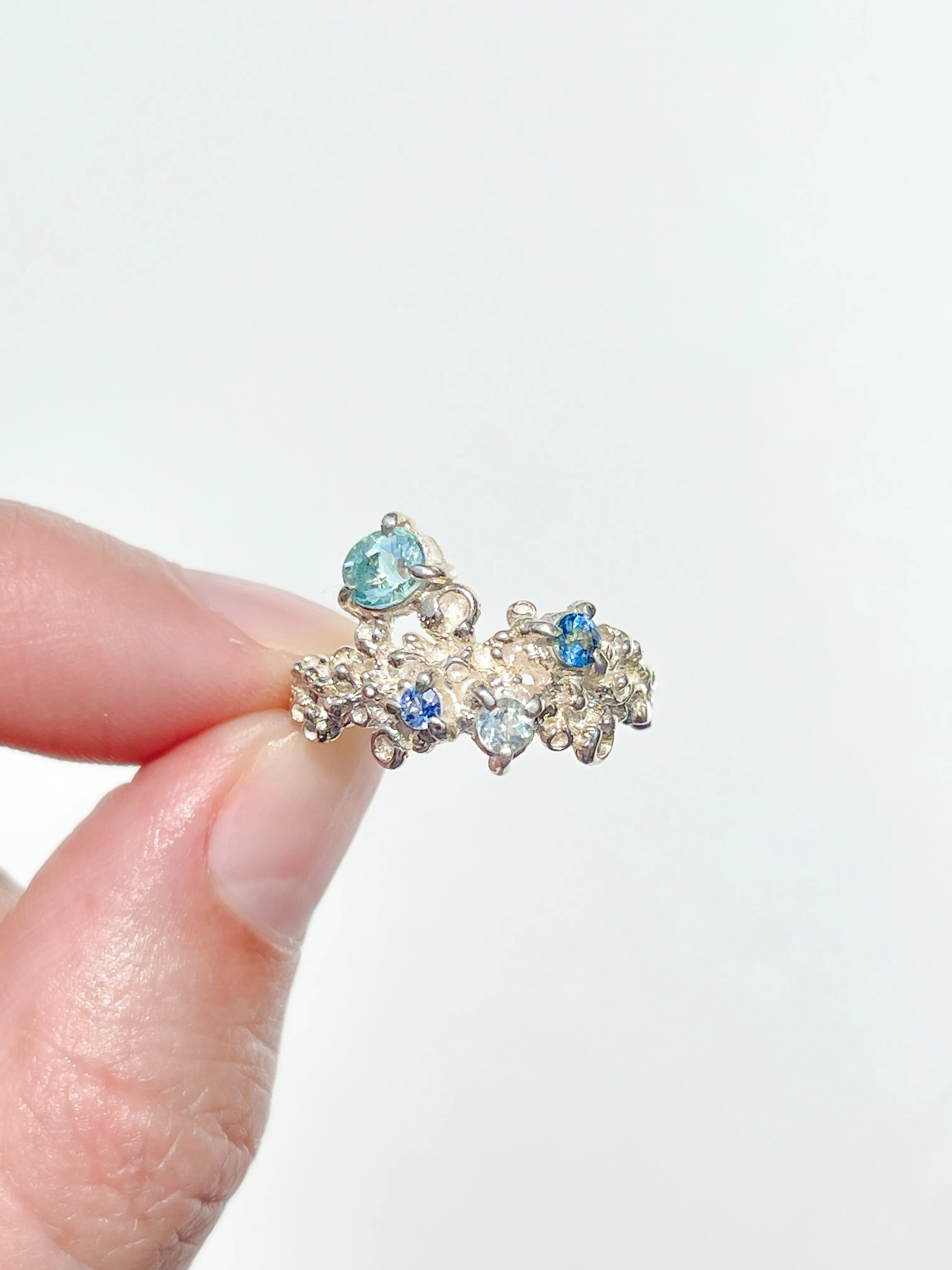 Coral Ring Silver with Blue Sapphires & Aquamarine - size 7